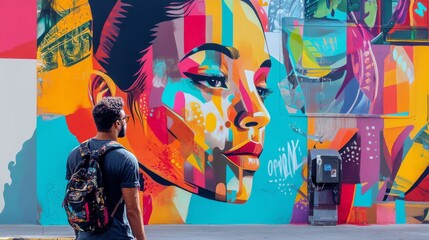 A man in a casual outfit stands captivated before a vibrant, colorful mural depicting a woman's face, showcasing the power of street art and its ability to inspire. 