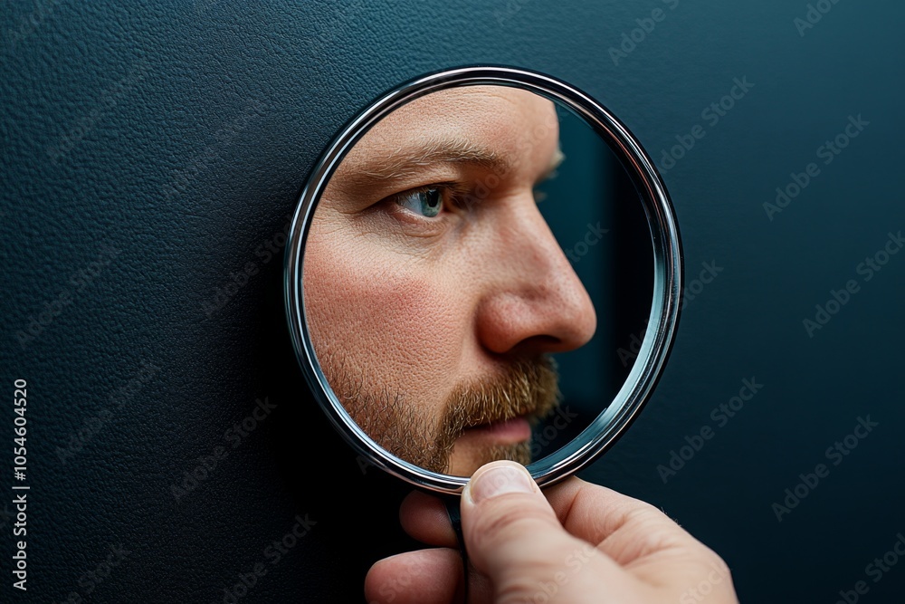 Aufkleber A dark room where a person is holding a mirror that reflects only their face, with nothing behind them, emphasizing the solipsistic view of oneâ€™s own mind as the only truth, symbolizing isolation
