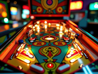 A vivid and detailed view of a colorful pinball machine in an arcade, capturing the nostalgia and excitement of classic gaming environments.