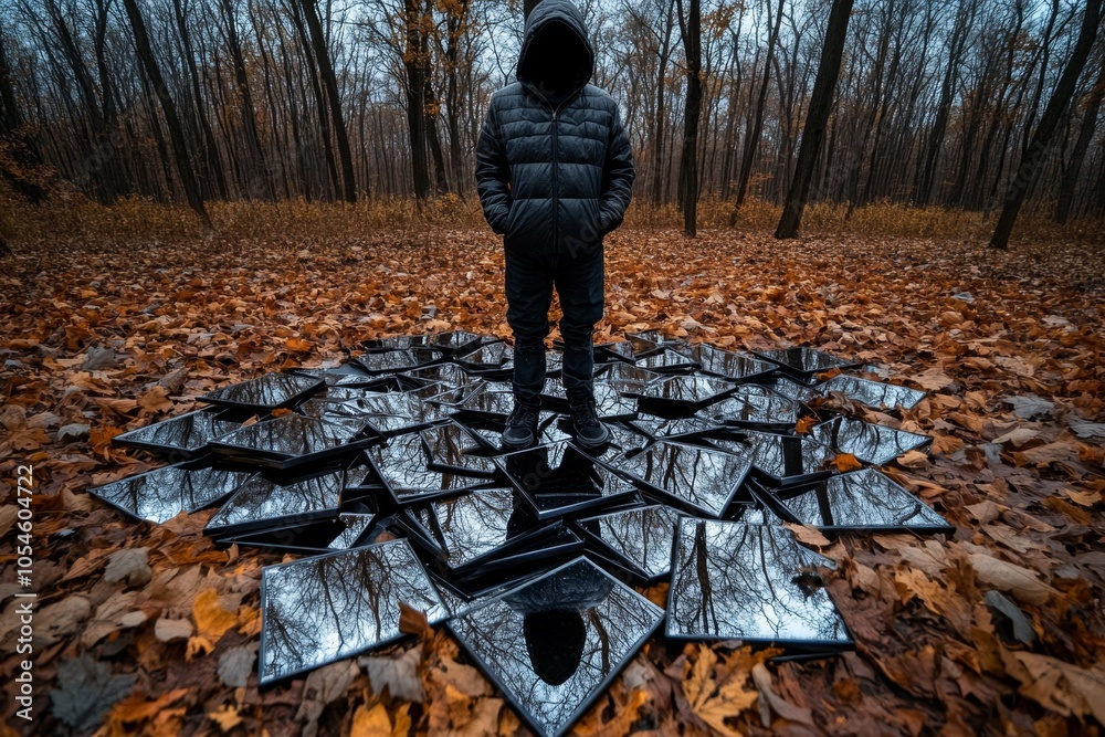 Aufkleber a figure standing in a dark, foggy forest surrounded by mirrors that only show their face, capturing