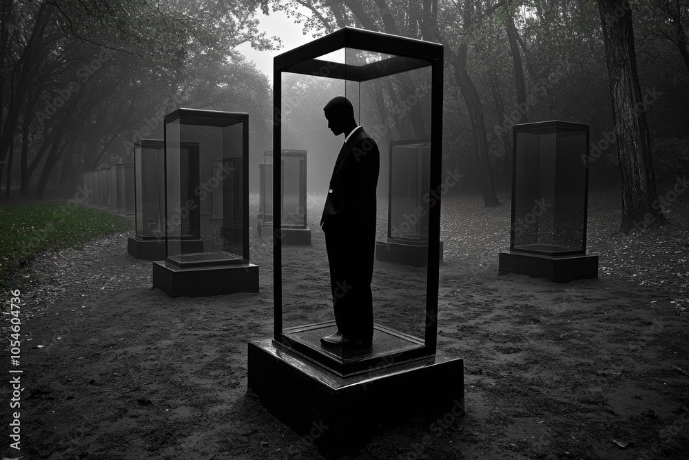 Aufkleber a figure standing in a dark, foggy forest surrounded by mirrors that only show their face, capturing