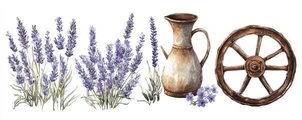 Charming watercolor lavender flowers with a vintage rusty iron pitcher and wheel, ideal for Provencethemed scrapbooking and stickers, handpainted illustration