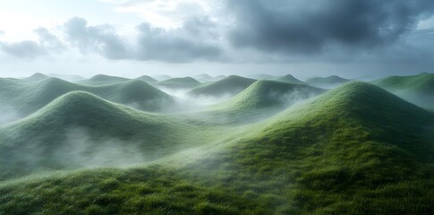 Serene rolling hills covered in lush grass, shrouded in mist under a cloudy sky.