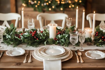 winter table decor, charming winter table setting featuring white silk napkins, ceramic plates, holly centerpiece, and ivory candles