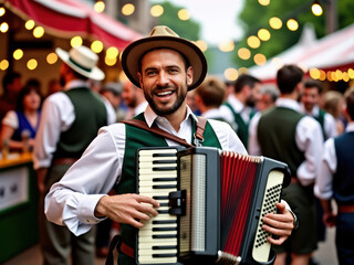 Smiling man in traditional attire playing the accordion at Oktoberfest, surrounded by festive partygoers. Captures fun, music, and cultural celebration in a lively outdoor setting.