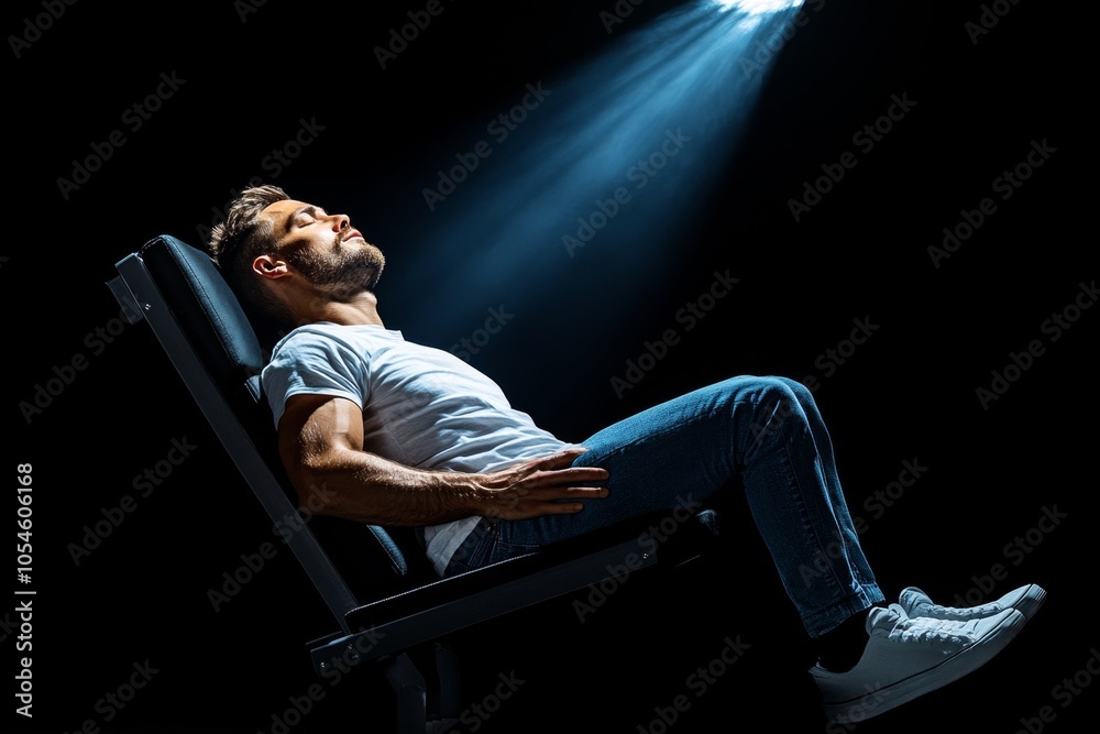 Poster a person lying on a bed in a dark room, with only a single light illuminating their face, highlighti