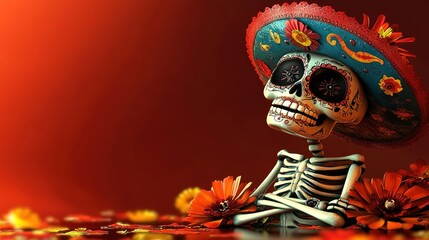 a colorful and 3D dia de los muertos scene,copy space , Generative Ai 