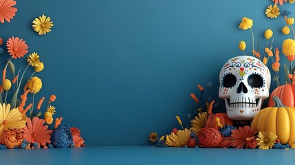 a colorful and 3D dia de los muertos scene,copy space , Generative Ai 