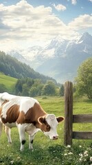 Obraz premium A brown and white cow enjoys grazing on lush grass near a wooden fence with a stunning mountain range in the background under clear skies
