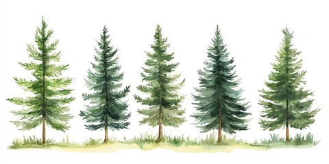 Obraz premium Watercolor painting of five evergreen trees with green foliage against a white background.