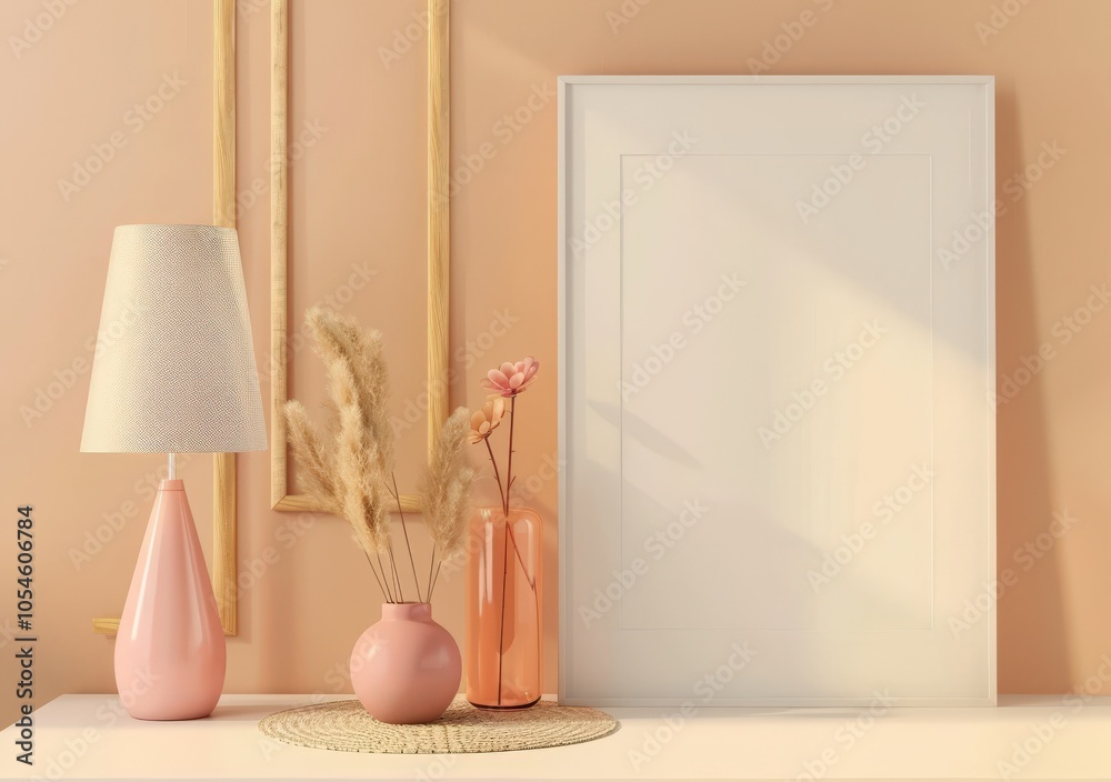 Wall mural a white table with a pink lamp. two vases with dried plants. and a white frame against a peach wall