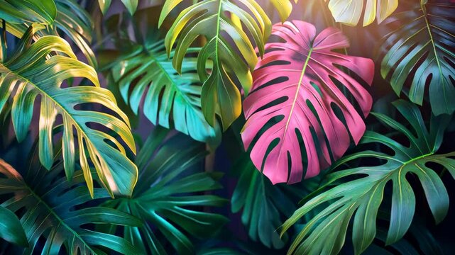 A bright pink monstera leaf stands out among the green foliage in a tropical jungle