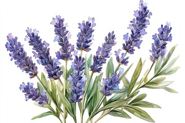Obraz premium Watercolor painting of lavender flowers with green leaves on a white background.