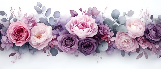 Beautiful watercolor illustration of a bouquet featuring lilac peonies and purple roses with eucalyptus, perfect for stylish greeting cards and decor