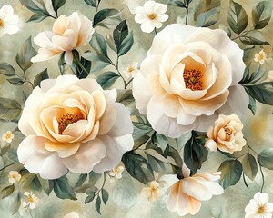 Charming watercolor composition of ivory roses and creamy peonies with lush greenery, perfect for wedding invitations and romantic designs