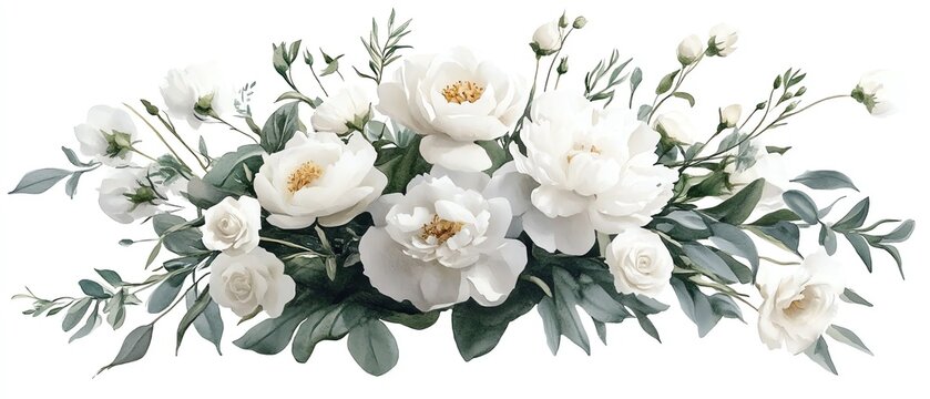 Charming handpainted watercolor bouquet of white flowers, including peonies and roses with lush greenery, ideal for elegant wedding backgrounds and decor