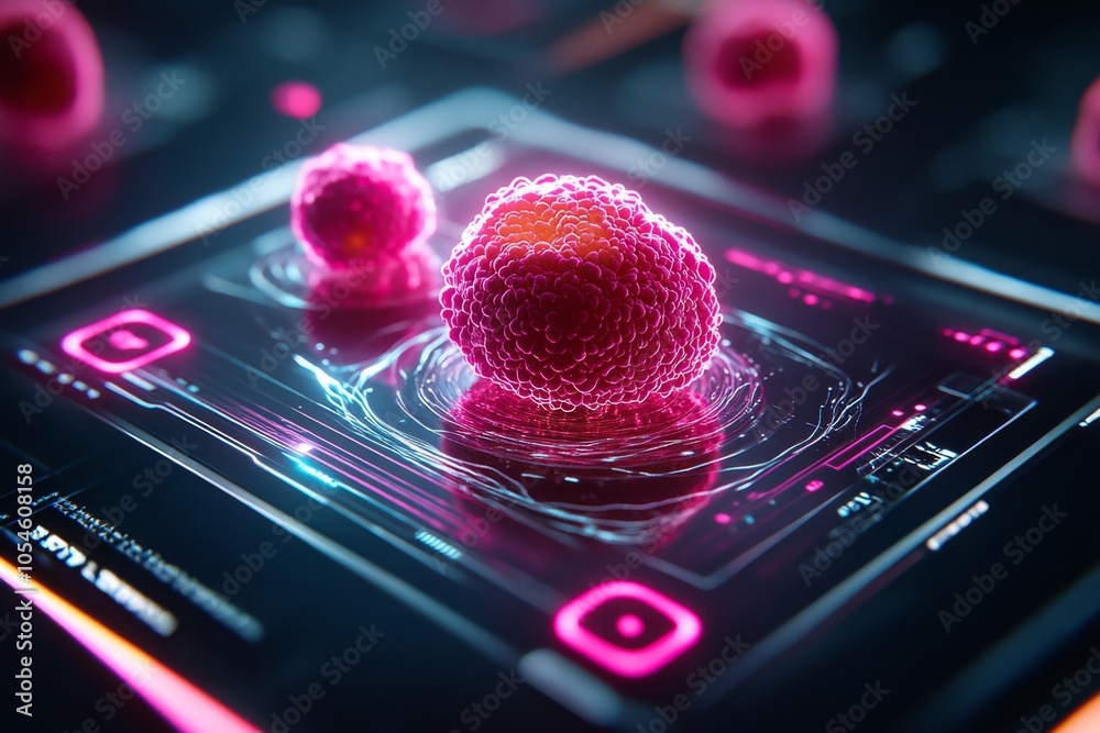 Aufkleber Advanced holographic display of stem cells differentiating into multiple cell types with futuristic visuals and neon accents, symbolizing the potential of future regenerative treatments and
