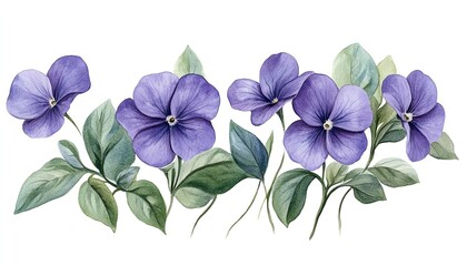 Fototapeta premium Colorful watercolor illustration of isolated violet flowers and foliage, ideal for crafting stylish wedding invitations and greeting cards