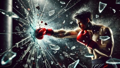 boxer delivering a powerful punch through a glass surface