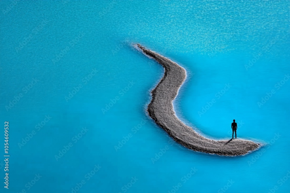 Fototapete Minimalist design of a lone figure surrounded by empty space, capturing the solipsistic feeling of isolation in a simple, geometric style, symbolizing simplicity and solitude