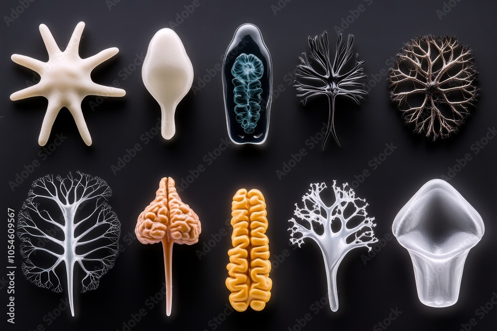 Poster minimalist design of a stem cell gradually transforming into various cell types like neurons, muscle