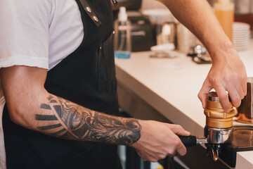Barista Man Making Coffee Using Coffee-Machine Working In Coffeeshop. Own Cafe Business And Occupation