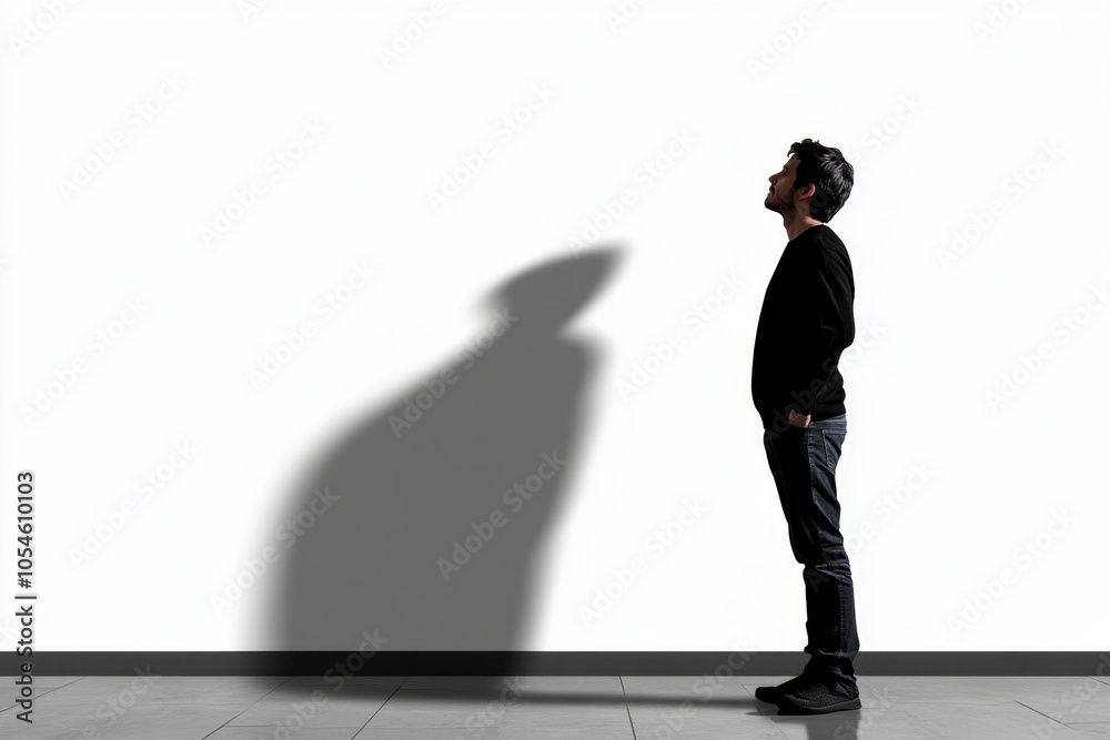 Fototapete Simple line art of a figure standing in a blank space with a single shadow, capturing the solitude and introspection associated with solipsism in a minimalist style, symbolizing isolation and