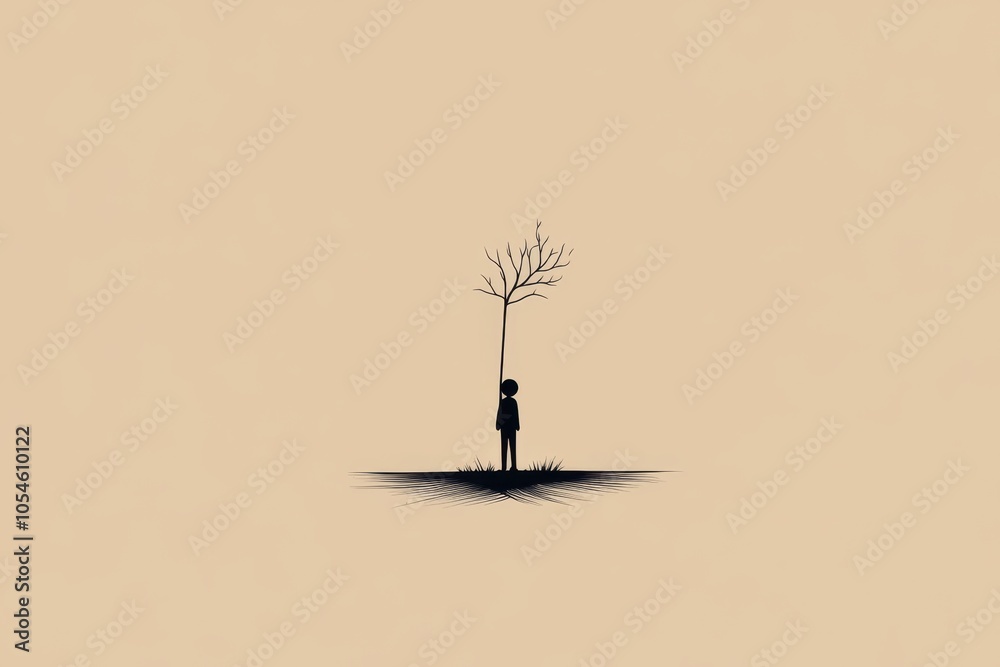 Poster Simple line art of a figure standing in a blank space with a single shadow, capturing the solitude and introspection associated with solipsism in a minimalist style, symbolizing isolation and