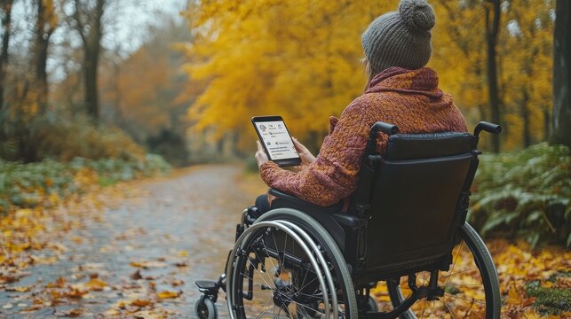 Person in a wheelchair using a mobile app on a fall day in a park surrounded by colorful leaves