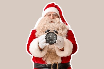 Santa Claus with alarm clock on grey background