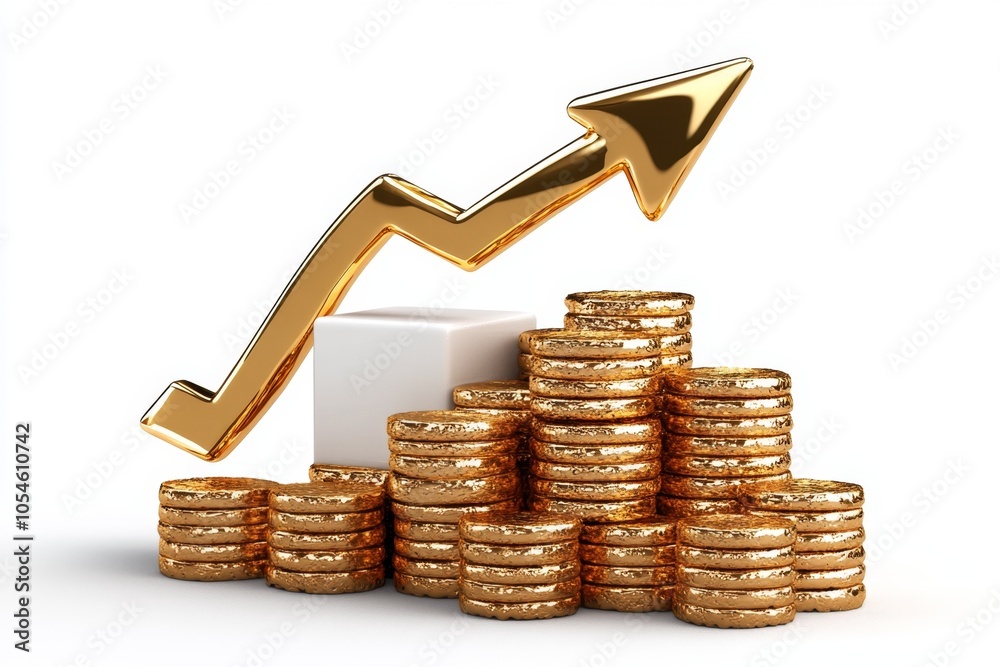 Poster a 2d cartoon illustration of a bar chart with a gold arrow moving up successful growth white backgro