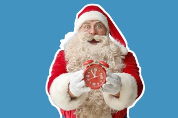 Surprised Santa Claus and alarm clock on blue background