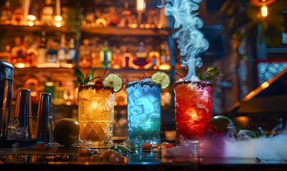 Three colorful cocktails adorned with fruits and herbs on a reflective bar surface creating an atmospheric and lively atmosphere. Perfect for nightlife themes, cocktail bars and mixology.