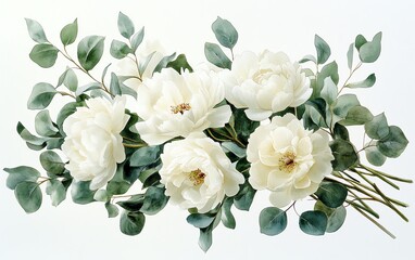 Fototapeta premium Lovely watercolor illustration of a white floral bouquet, showcasing peonies and eucalyptus leaves, ideal for wedding invitations and elegant decor