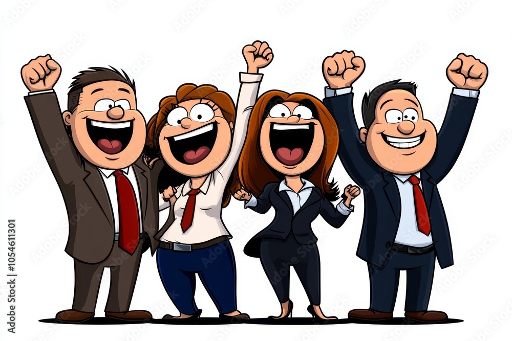 Poster a 2d cartoon illustration of a business team cheering with a success chart in the background motivat