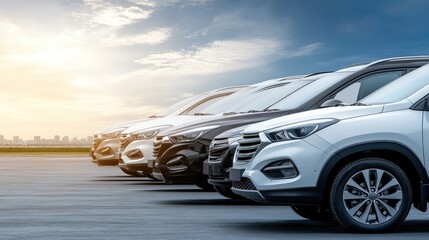 Various cars in multiple colors are parked neatly side by side in a parking lot under overcast weather conditions