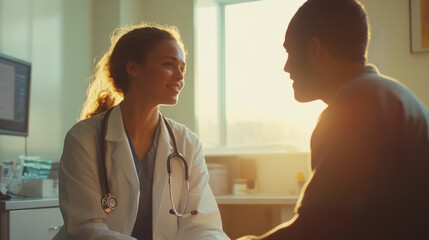 Obraz premium A woman and a man are sitting in a room with a doctor