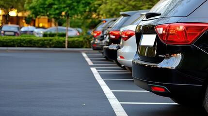 Various cars in multiple colors are parked neatly side by side in a parking lot under overcast weather conditions