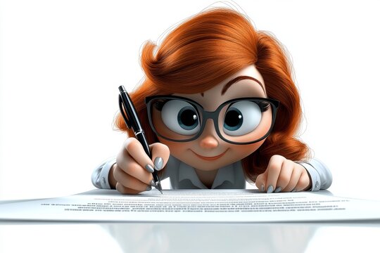 a 2D cartoon illustration of a businesswoman signing a successful contract white background