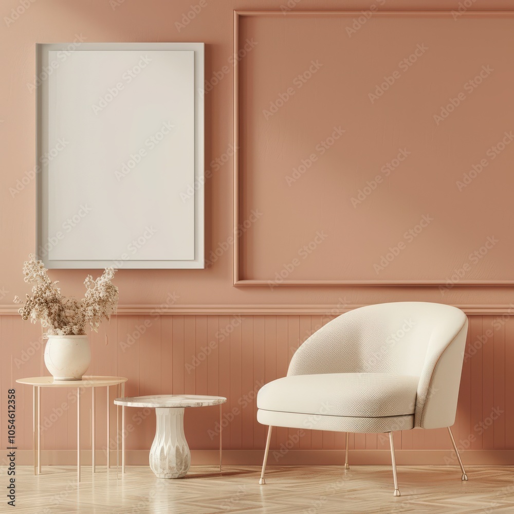 Wall mural a minimalist living room with a white armchair. two side tables. a vase of dried flowers. and a blan