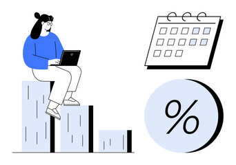 Woman seated on a bar graph working on a laptop. Nearby are a calendar and a percentage symbol. Ideal for financial planning, business analysis, scheduling, project management, productivity tools