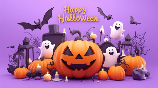 "Happy Halloween" text in a cute cartoon style, centered on a solid purple background.
