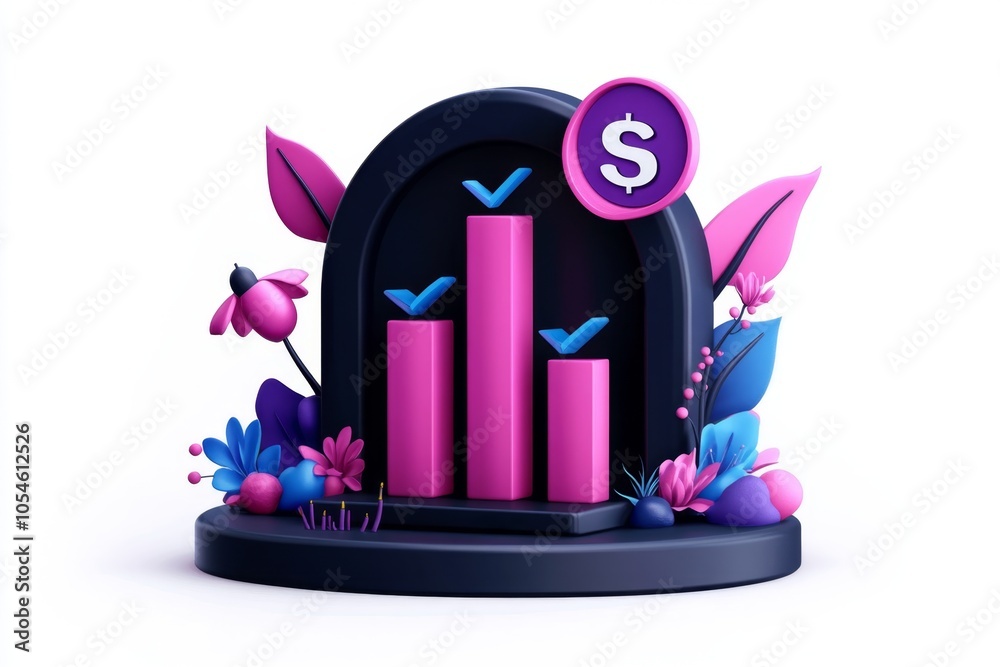 Poster a 2d cartoon illustration of a financial bar chart with increasing returns success in business white