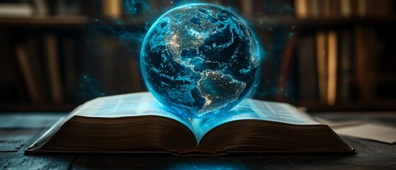 An open book illuminated by a blueglowing globe, embodying the power of knowledge and worldwide networks, ideal for a technology and business concept in a dark setting