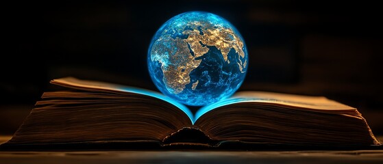 An open book illuminated by a blueglowing globe, embodying the power of knowledge and worldwide networks, ideal for a technology and business concept in a dark setting