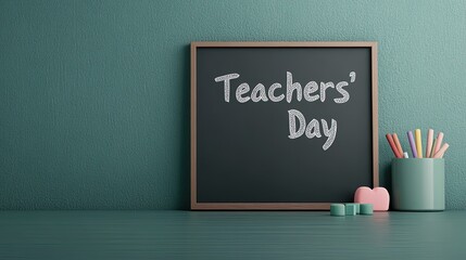 Teachers' Day  written in chalk, with pieces of chalk and an eraser placed on the board, happy teachers' day banner, Generative Ai 