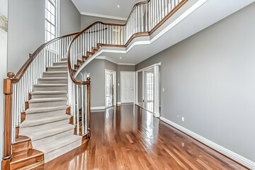 Elegant foyer with a spiral staircase and polished wooden floors.