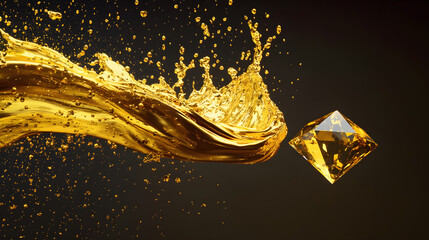 Gold paint splashing and enveloping a small object (like a diamond) mid-air on a dark gradient background