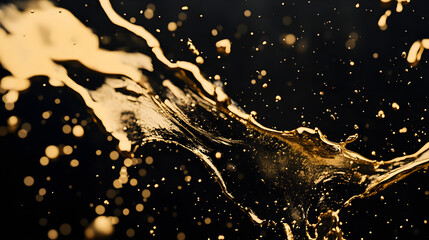 Gold paint splashing in slow motion with visible droplets breaking apart