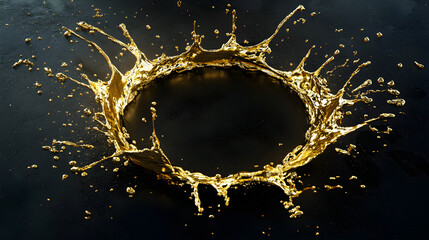 Gold paint splashing into a circular formation, resembling a ring or crown, on a dark matte background